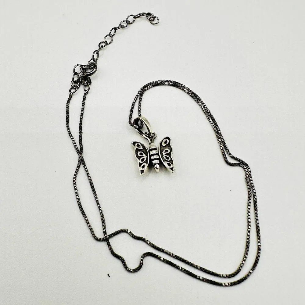 Butterfly Sterling Silver Necklace Black Rhodium Sterling Box Chain